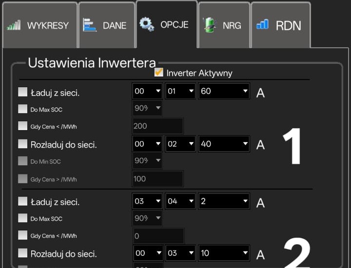Fragment ekranu Opcje: dwa zestawy ustawień ładowania i rozładowania